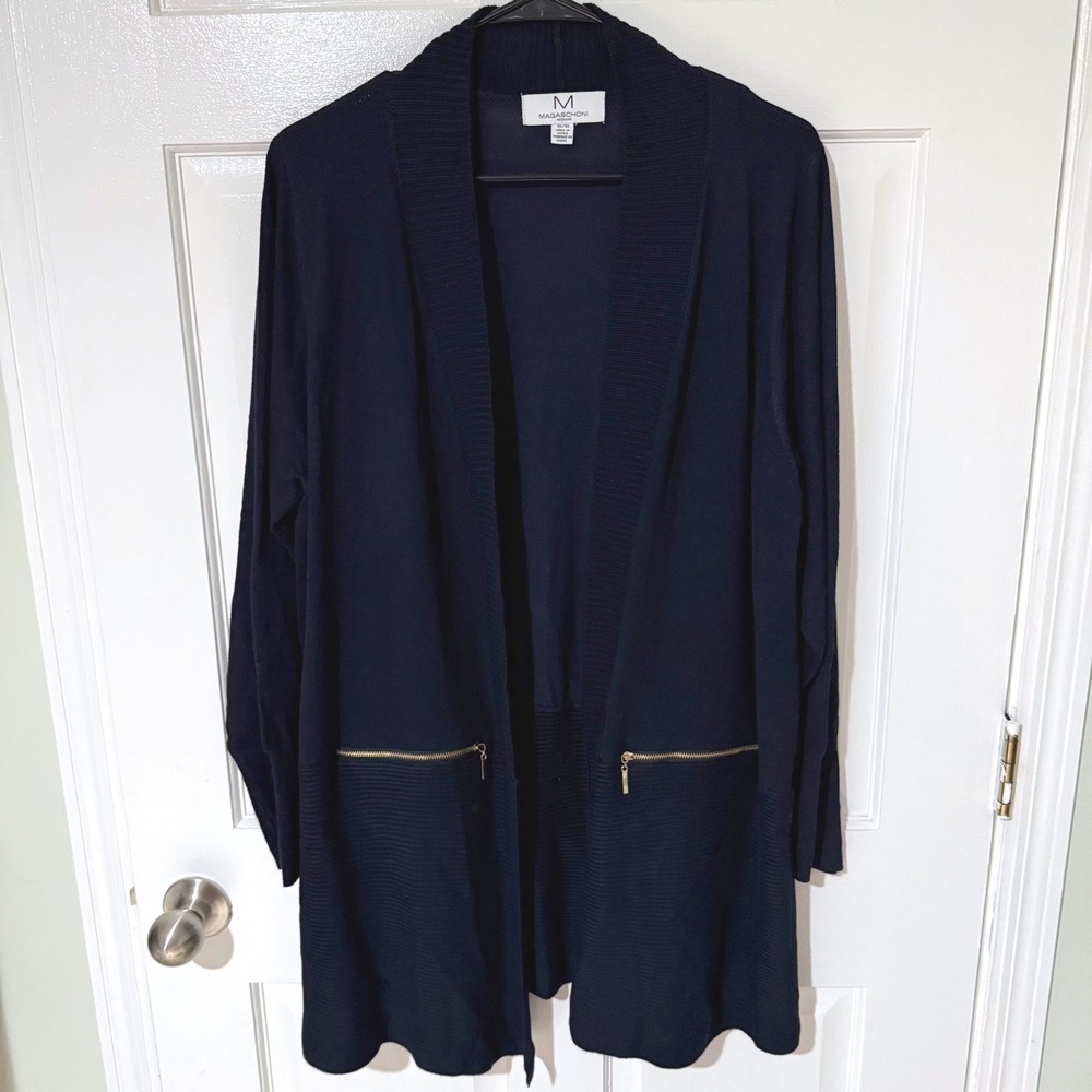 Magaschoni Woman Navy Blue Open Front Cardigan Gold Zipper Pockets 1X